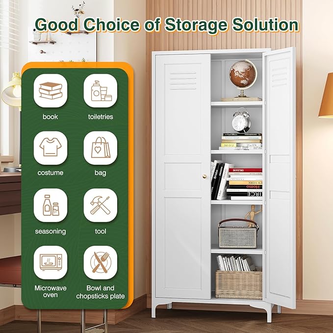 Letaya White Storage Cabinet with Feets-Metal Home Kitchen Pantry Cabinets with Doors and Adjustable Shelves,Organization Locker for Cupboard/Bedroom/Dining/Living/Bathroom/Office/Garage Room (White)-Ruum Studio Home