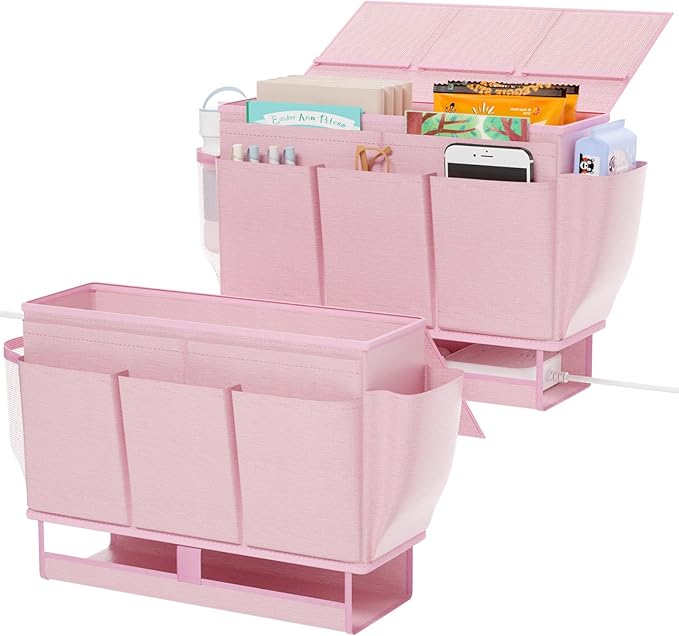 Bedside Caddy, Bed Organizer with 11 Pockets and Power Strip Holder, Versatile Bedside Storage Caddy for Home,Dorm,Bunk,Hospital,Crib Bed (2 Pack Pink)-Ruum Studio Home