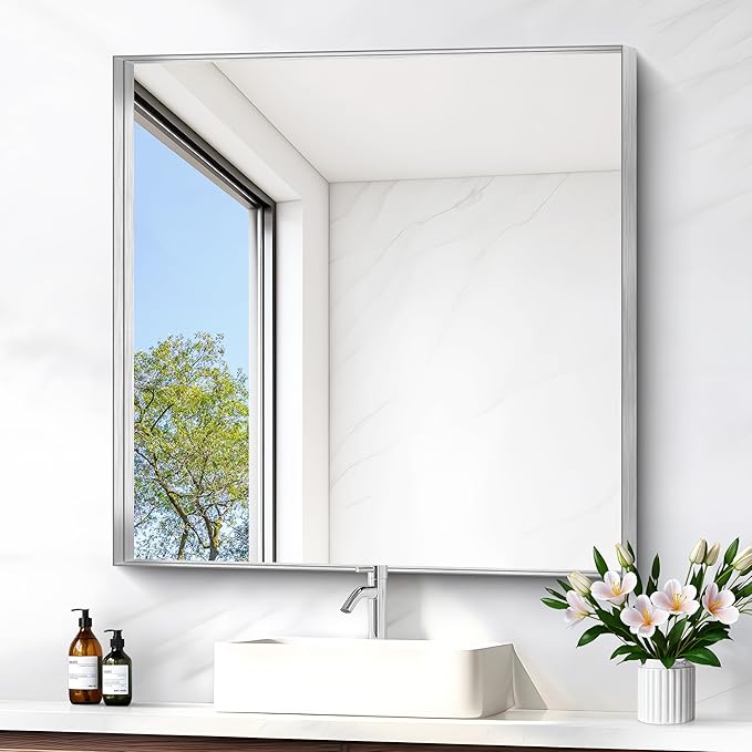 Silver Bathroom Mirror, 30x30 Inch Rectangular Framed Mirror, Large Wall Mounted Bathroom Vanity Mirror Over Sink for Bedroom,Restroom, Living Room, Hangs Vertically or Horizontally-Ruum Studio Home