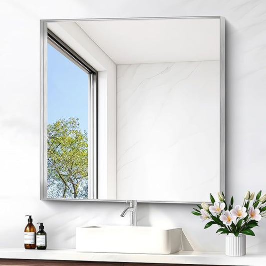 Silver Bathroom Mirror, 30x30 Inch Rectangular Framed Mirror, Large Wall Mounted Bathroom Vanity Mirror Over Sink for Bedroom,Restroom, Living Room, Hangs Vertically or Horizontally-Ruum Studio Home