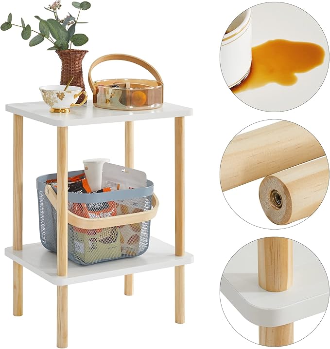 IBUYKE 2-Tier Side Table, Solid Wood Tall End Table with Storage Shelves, Nightstand Bedside Table for Living Room Bedroom Office, No-Tool Assembly, White UWST002W-Ruum Studio Home
