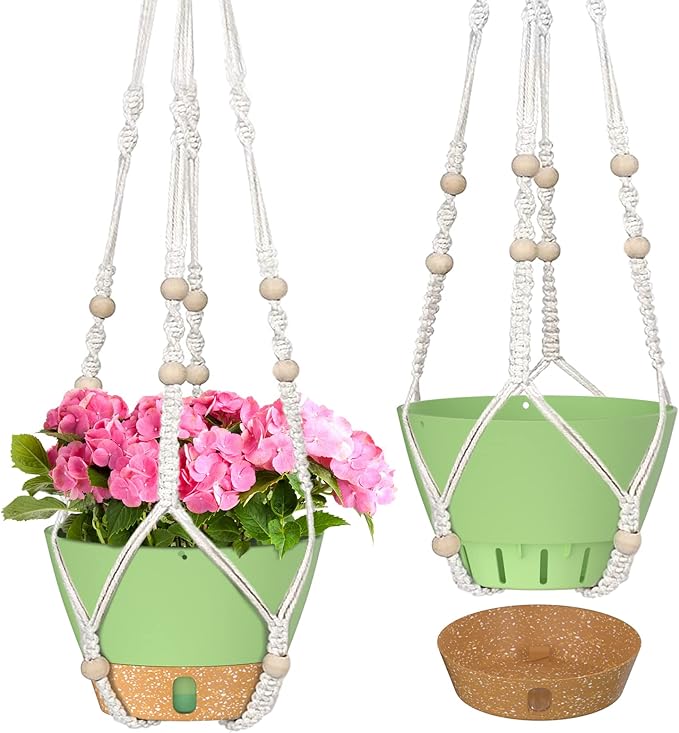 ZMTECH 2 Pack 10 Inch Hanging Planters with Macrame Plant Hanger for Indoor and Outdoor Plants, Self Watering, Drainage Hole, Visible Level Tray, Green-Ruum Studio Home