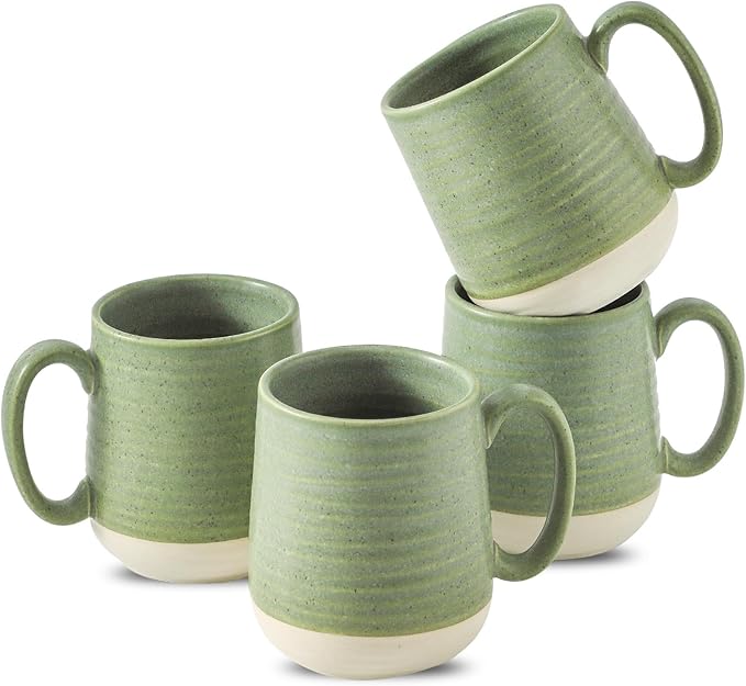 Hasense Porcelain Coffee Mugs Set of 4, 15 Oz Large Coffee Cups, Latte Cup with Handle, Tea Mugs for Men and Women, Modern Coffee Mug for Cappuccino, Milk, Cocoa, Microwave & Dishwasher Safe, Green-Ruum Studio Home
