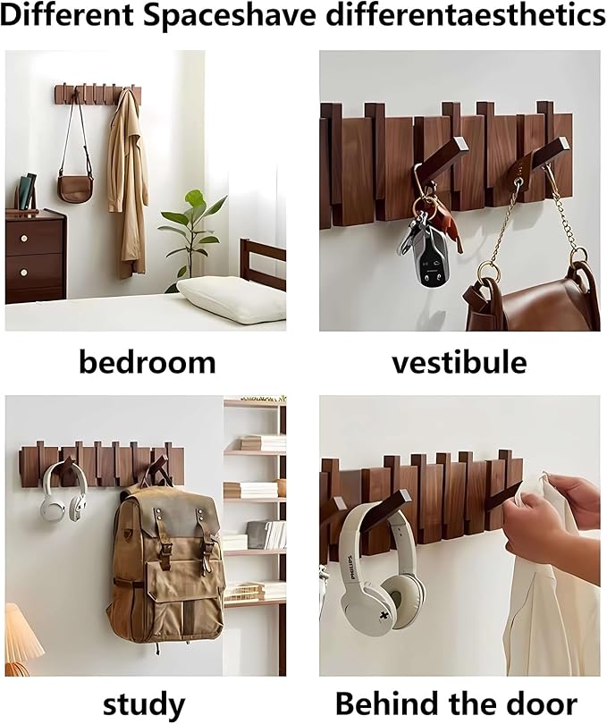 Wall Mounted Piano Key Hanger | Flip Style Hook | Entrance Wall Art Hook, Made of Oak Wood (3 Times Painted, 4 Times Polished) (Walnut, 12Hooks)-Ruum Studio Home