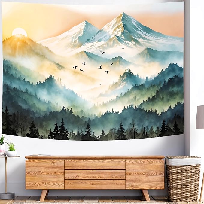 Delur Mountain Tapestry Boho Misty Sunset Forest Tree Tapestry Wall Hanging Sunrise Nature Landscape Psychedelic Headboard for Bedroom Living Room Home Decor (51.2" x 59.1")-Ruum Studio Home