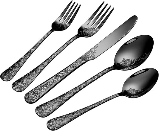 Floral 40 Pcs Black Silverware Set for 8, Food Grade Stainless Steel Flatware Set with Rose Flower Embossed Design, Eating Utensils Sets Include Fork/Knife/Spoon, Reusable Cutlery Set, Dishwasher Safe-Ruum Studio Home