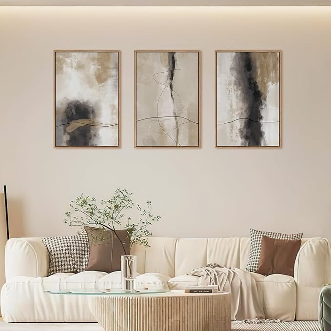 HPINUB Large Modern Abstract Shapes Framed Canvas Wall Art Set,Neutral Black and White Wall Decor,Minimalist Nordic Wall Painting for Living Room,Bedroom,Dining Room,Office -24"x36"x3-Ruum Studio Home