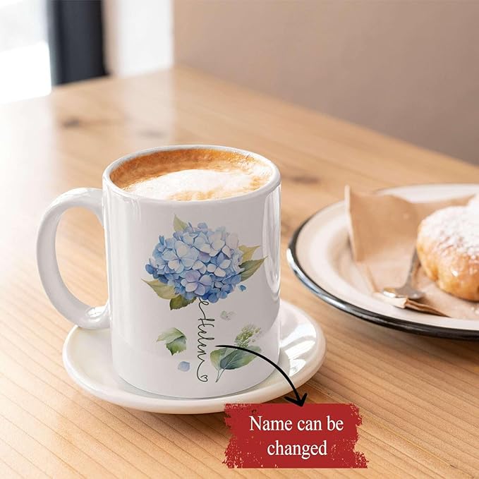 Custom Hydrangea Blossom Design Mug, Personalized Name Blue Flower Coffee Cup, Customized Flower Ceramic Mug For Floral Lover, Hydrangea Decorative Cup 11oz Or 15oz, Gift For Birthday-Ruum Studio Home
