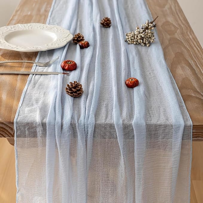 3pcs Light Blue Gauze Rustic Cheesecloth Table Runner 120 Inch 10 FT for Wedding Baby Shower Bridal Shower Birthday Engagement Garden Outdoor Party Long Sheer Boho Decorations-Ruum Studio Home