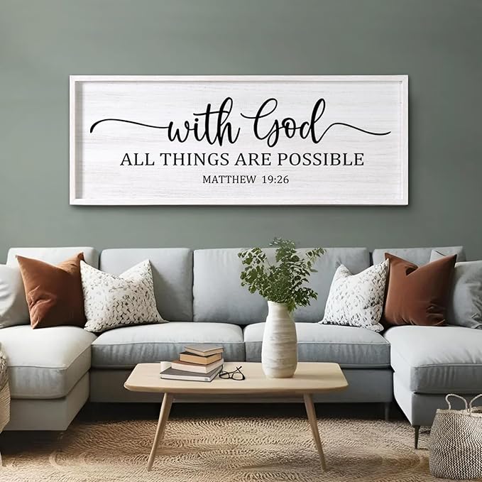 With God All Things are Possible Framed Wall Art, 40''×15'' White Holy Religious Rustic Bible Verse for Christian God Jesus Christ Prayer, Positive Horizontal Inspirational Catholic Scripture Decor-Ruum Studio Home