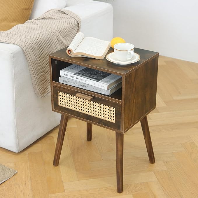 MaxSmeo Small Nightstand with Charging Station, Rattan Side Table Mid Century Modern Bedside Table for Bedroom, Living Room and Small Spaces, Solid Wood Legs (Rustic Brown)-Ruum Studio Home