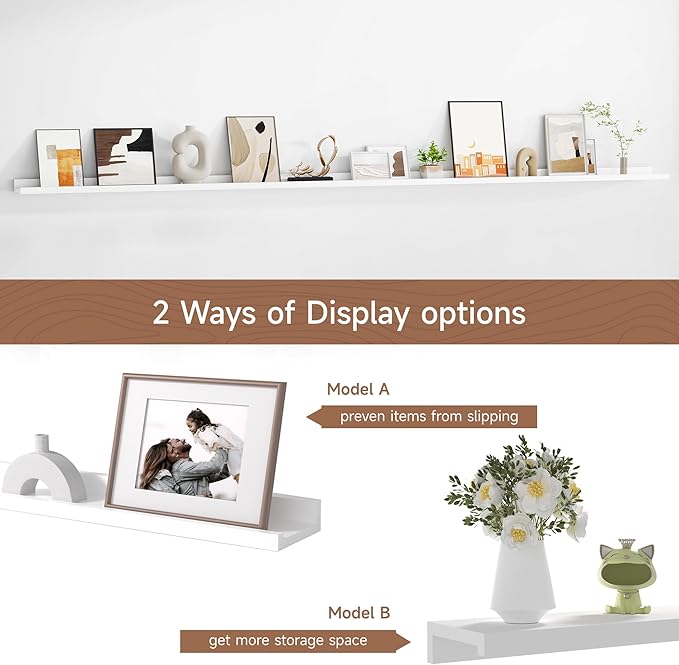 Floating Picture Ledge Shelves for Wall Set of 2, 95 Inches Picture Ledge Shelf with Long Large Nursery Book Shelf for Toys Storage Kids Bookshelf Wall Mounted Living Room Bedroom Decor Frames, White-Ruum Studio Home