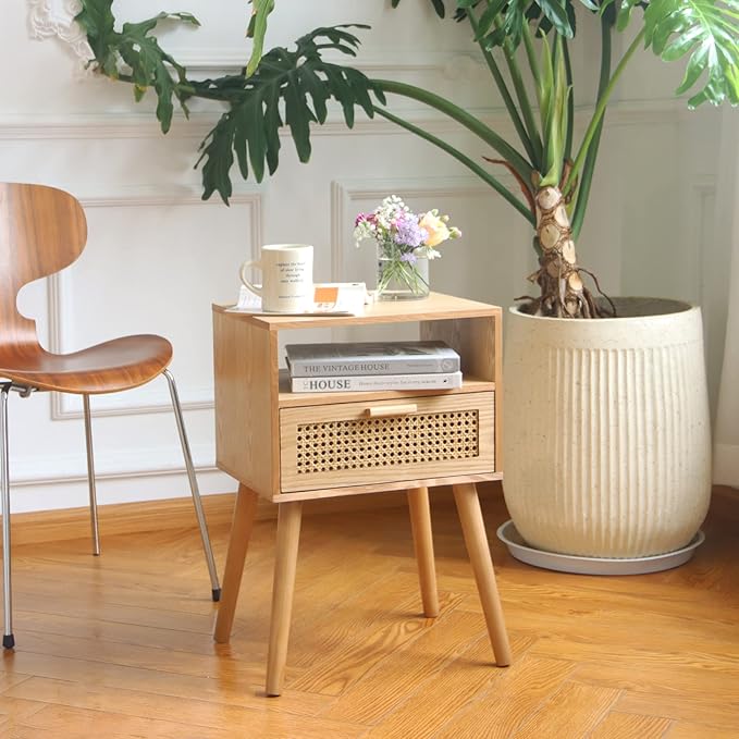 MaxSmeo Bedside Table, Small Nightstand with Charging Station, Rattan Side Table Wood End Table for Living Room, Bedroom and Small Spaces, Mid Century Modern Nightstand, Easy Assembly (Natural)-Ruum Studio Home