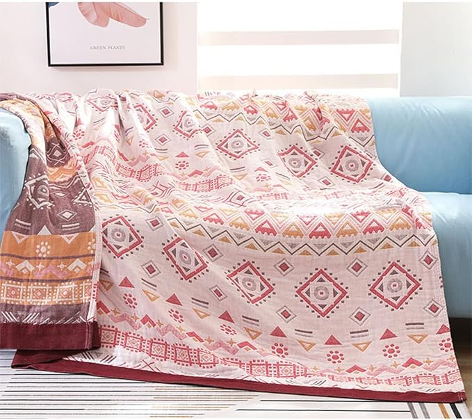 Boho Muslin Blanket for Adults 4-Layer Gauze Twin Size Soft Cozy 100% Cotton Cooling Blanket Red Geometric Farmhouse Decor for Sofa Bed Coverlet Both Sides (Boho-G-Red, Twin 60 x 80 in)-Ruum Studio Home
