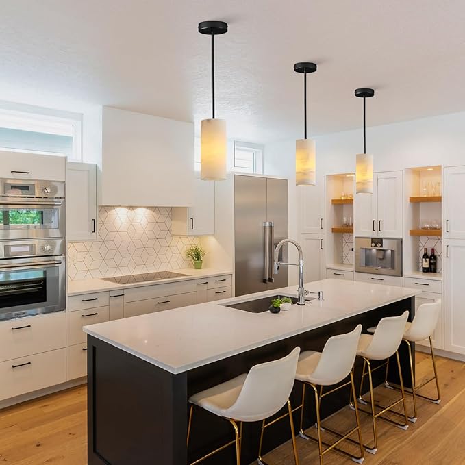 Alabaster Pendant Light Kitchen Island, H-9.5in Black Pendant Light Fixtures with Natural Marble Shade, Adjustable Ceiling Pendant for Dining Room, Living Room, Bedroom & Bathroom-Ruum Studio Home