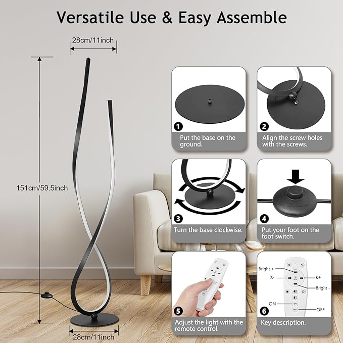 NUÜR Spiral Floor Lamp, 59" Tall Black LED Modern Standing Floor Lamp with Remote Control, Arched Bright Floor Lamps for Living Room Bedroom Office Home (Spiral Floor Lamp)-Ruum Studio Home