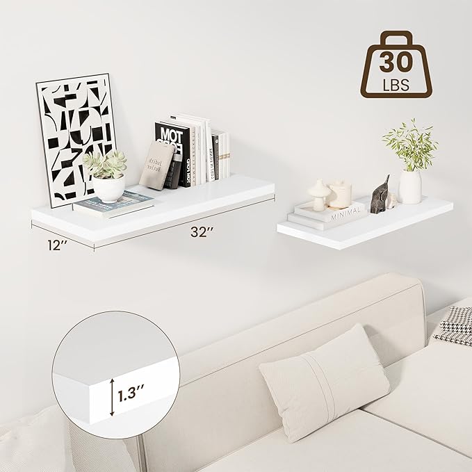 32" Floating Shelves for Wall, 12" Deep Slim White Floating Shelves, Wall-Mounted Shelves for Bedroom, Living Room, Kitchen, Bathroom - Set of 2-Ruum Studio Home
