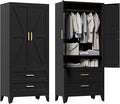 71'' Farmhouse Metal Wardrobe Cabinet with Hanging Rod, 2 Barn Door Wardrobe Closet with Adjustable Shelves,2 Drawer,for Dining Room,Bedroom,Living Room, Cloak Room,Office (Black)-Ruum Studio Home