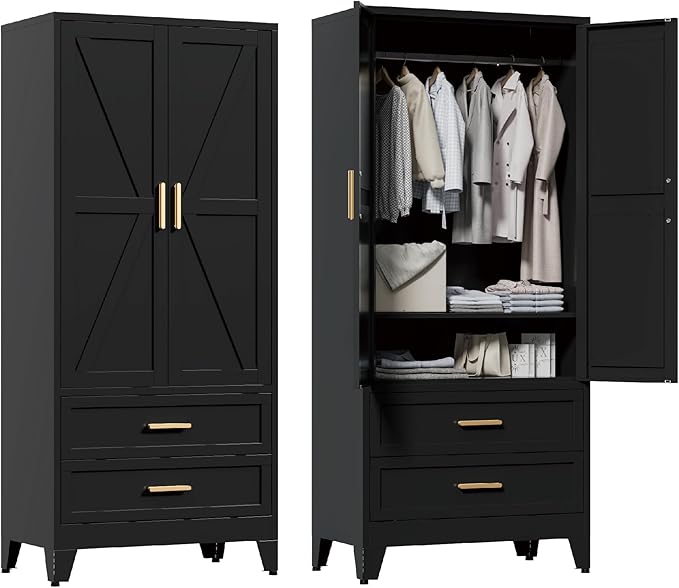 71'' Farmhouse Metal Wardrobe Cabinet with Hanging Rod, 2 Barn Door Wardrobe Closet with Adjustable Shelves,2 Drawer,for Dining Room,Bedroom,Living Room, Cloak Room,Office (Black)-Ruum Studio Home