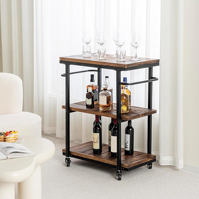 Bar Carts for The Home, Rolling Home Bar Serving Cart on Wheels, 3 Tier Portable Bar Cart, Rolling Coffee Cart with Lockable Wheels, Rustic Burnt Solid Wood and Industrial Matte Black Metal-Ruum Studio Home