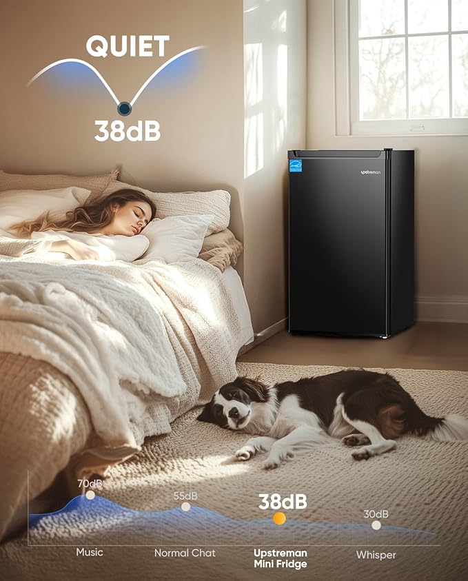 Upstreman 4.4 Cu.Ft Mini Fridge with Freezer, Single Door Mini Refrigerator for Bedroom, Extra Large Capacity, Energy-efficient, Small fridge for Office, Dorm, Kitchen, Black-BR44-Ruum Studio Home