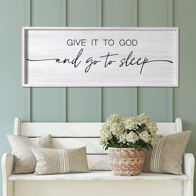 Give It to God and Go to Sleep Decorative Rustic Sign & Plaque Framed Wall Art for Couples, 40''×15'' Vintage Farmhouse Wooden Horizontal Wall Decor Above Bed, Cottagecore Wedding Gift for Bedroom-Ruum Studio Home