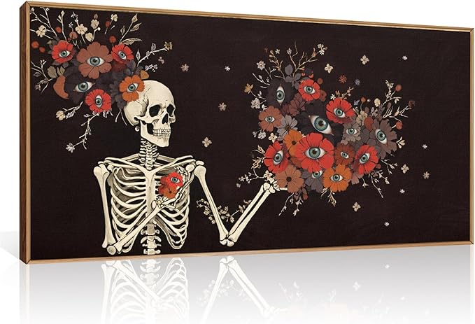 KAIRNE Halloween Skeleton Wall Art,Gothic Skull Canvas Set of 1(40”x20”),Romantic Spooky Floral Botanical Print,Scary Skull Painting,Horror Halloween Wall Art for Living Room Bedroom Goth Party Decor-Ruum Studio Home