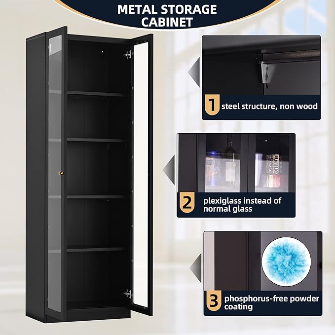 5 Tier Metal Curio Cabinets, Modern Bookshelf Cabinet with 4 Adjustable Shelves, Cabinet Display Case for Home Office, Living Room, Pantry (Black-27.5W)-Ruum Studio Home
