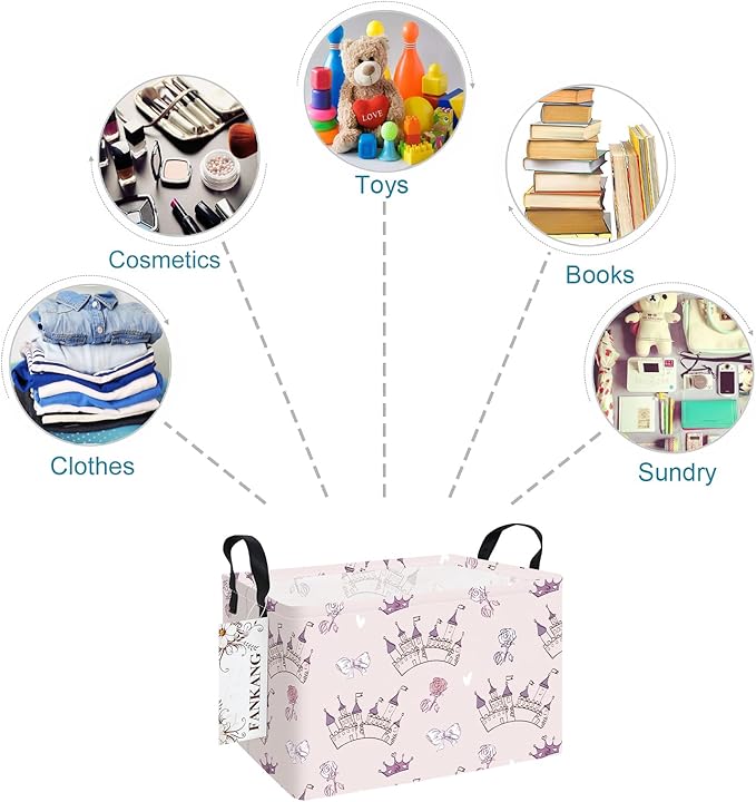 FANKANG Storage Bins, Nursery Hamper Canvas Laundry Basket Foldable with Waterproof PE Coating Large Storage Baskets for Kids Boys and Girls, Office, Bedroom, Clothes,Toys(Rec-Princess Castle-Ruum Studio Home