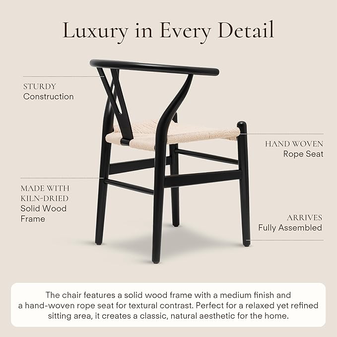 POLY & BARK Weave Dining Chairs – Mid-Century Modern Wishbone Dining Chairs with Arms, Solid Wood Frame, Indoor Use – Black – Set of 2 - Ideal for Dining Room, Kitchen or Stylish Accent Setting-Ruum Studio Home