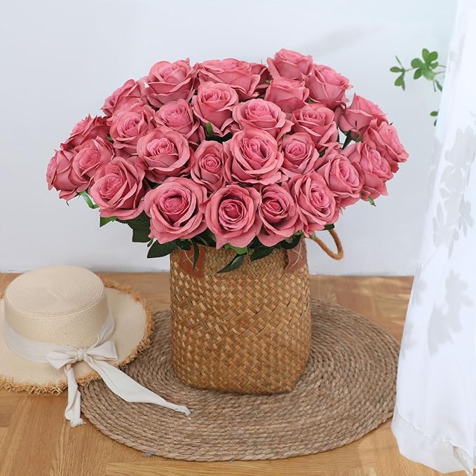 Pink Fake Roses Artificial Flowers - 16 Pcs Fake Artificial Roses Silk Flowers with Stems for Home Wedding Hotel Office Centerpiece Decor（Coral Pink）-Ruum Studio Home