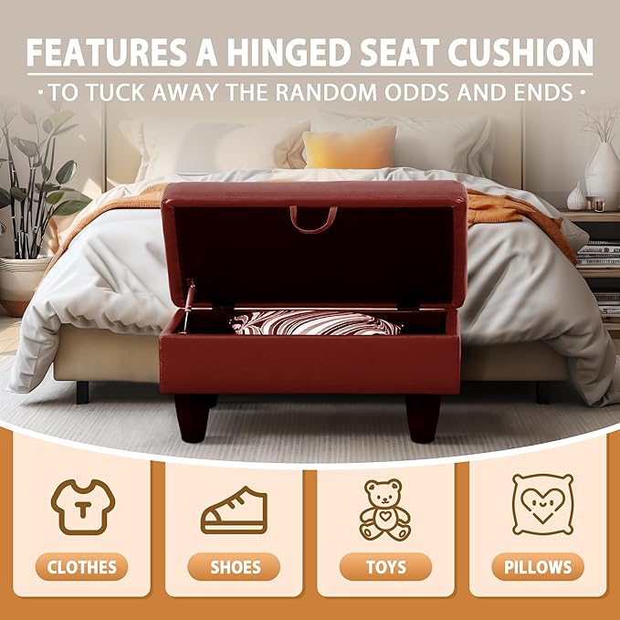 Ottoman Rectangular Storage Ottoman Bench, Faux Leather Footrest, Coffee Table, Stool Footstool with Hinged Lid for Living Room, Bedroom, Entryway, Red, 28.5"x19"x17.5"-Ruum Studio Home