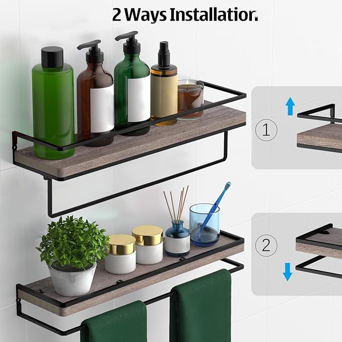 Meangood Floating Shelves Wall Mounted, Wall Shelf with Towel Bar Rustic Wood Wall Storage Shelves for Bedroom,Living Room,Bathroom, Kitchen (Set of 2/Brown)-Ruum Studio Home