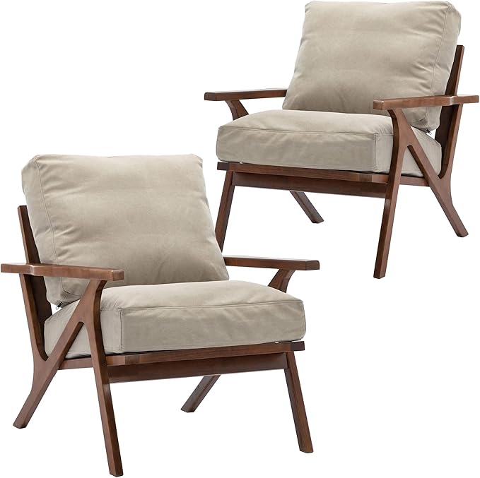 Wahson Set of 2 Mid Century Chair, Upholstered Accent Armchairs, with Wood Frame and Canvas Cushions, Leisure Slipper Chair for Living Room/Bedroom, Beige-Ruum Studio Home