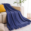 inhand Navy Blue Throw Blanket for Couch and Bed, Soft Living Room Home Decor Knitted Blanket with Tassel, Outdoor Lightweight Breathable Summer Blanket, Farmhouse Warm Woven Decorative, 50"x60"-Ruum Studio Home