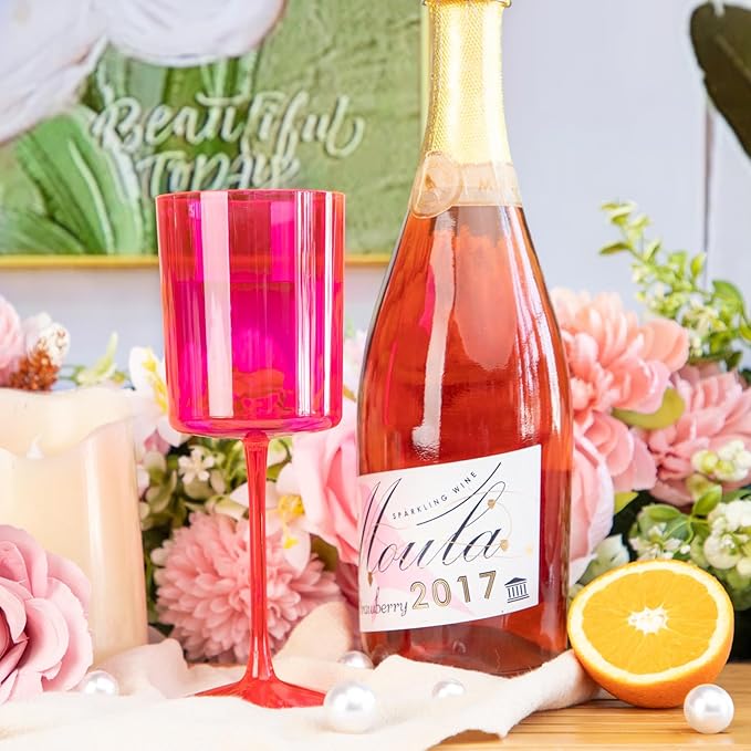 Ciaell 12 Pack Plastic Wine Glasses - 10Oz Hot Pink Plastic Wine Glasses With Stem - Disposable Stemmed Cups for Parties & Weddings-Ruum Studio Home