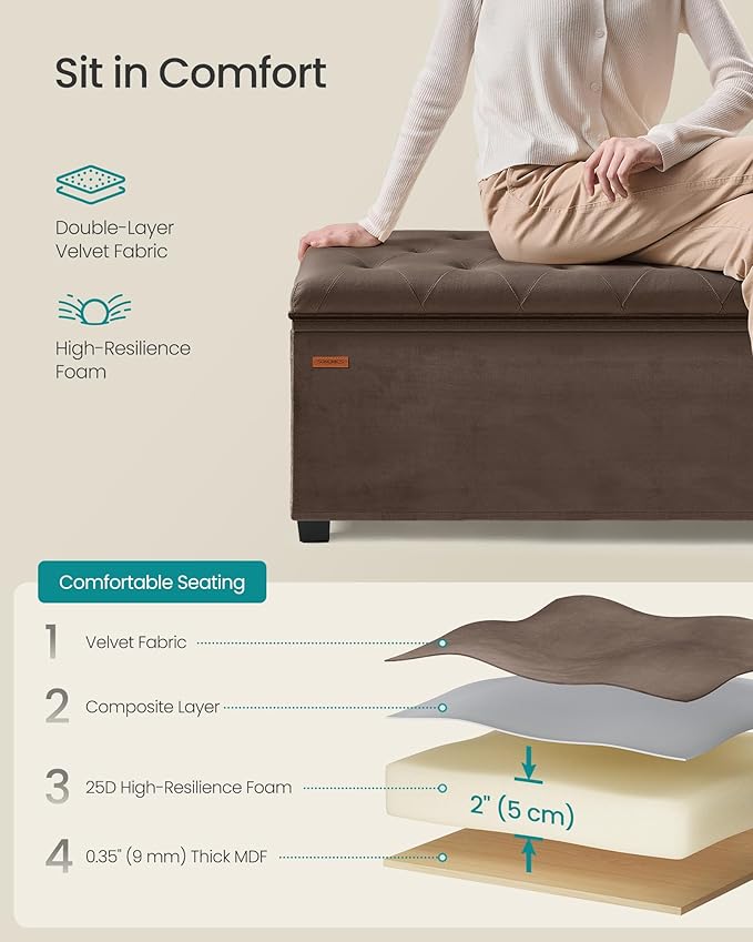 SONGMICS Velvet Storage Ottoman Bench, Foot Rest with Legs, 15.7 x 43 x 15.7 Inches, End of Bed Bench, Storage Chest, Load up to 660 lb, for Living Room, Bedroom, Entryway, Walnut Brown ULSF089K01-Ruum Studio Home