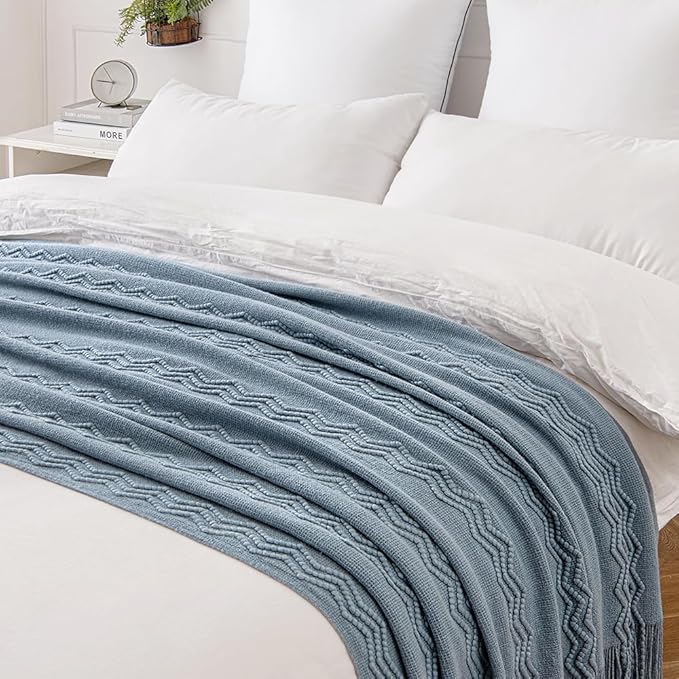 MIULEE Dusty Blue Cozy Knitted Throw Blanket for Couch Textured Knit Blanket with Tassels Woven Acrylic Wave Pattern Boho Blankets for Sofa Bed Chair 50"x60"-Ruum Studio Home