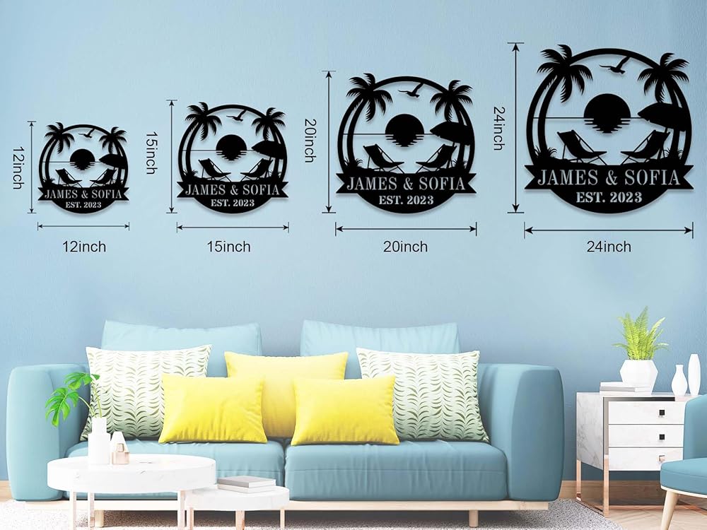 Personalized Beach Metal Monogram Sign, Custom Palm Trees Metal Name Sign, Outdoor Metal Family Name Sign, Custom Last Name Sign, Beach Coastal House Decor-Ruum Studio Home
