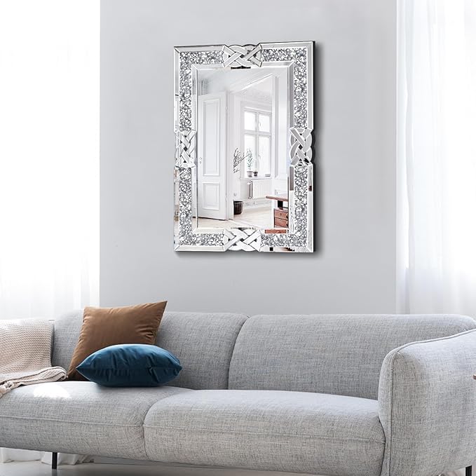 Crushed Diamond Decorative Wall Mirrors, 24x36 Inch Rectangle Living Room Mirrors for Wall Decor, Modern Glam Bathroom Dining Room Entryway Mirror Silver-Ruum Studio Home