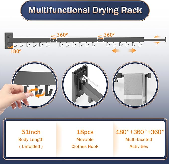 Clothes Drying Rack,Laundry Drying Rack Wall Mount, Space Saver Clothes Rack,Retractable,Collapsible(Tri-Fold), for Balcony,Laundry,Bathroom, Dark Grey Color,3z-g02-Ruum Studio Home