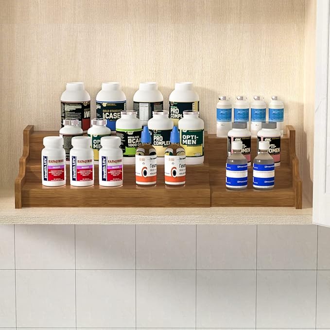Bamboo Spice Rack Cabinet Organizer - 3 Tier Wooden Expandable Walnut Display Shelf-Ruum Studio Home