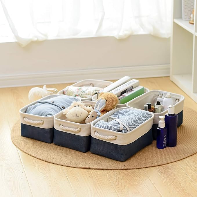 Storage Basket for Organizing - 12x8x5.2 inch Small 6 Pack Fabric Storage Bin Collapsible Baskets for Shelves with Rope, Storage Box for Cloth Decorative Laundry Canvas(White & Blue)-Ruum Studio Home