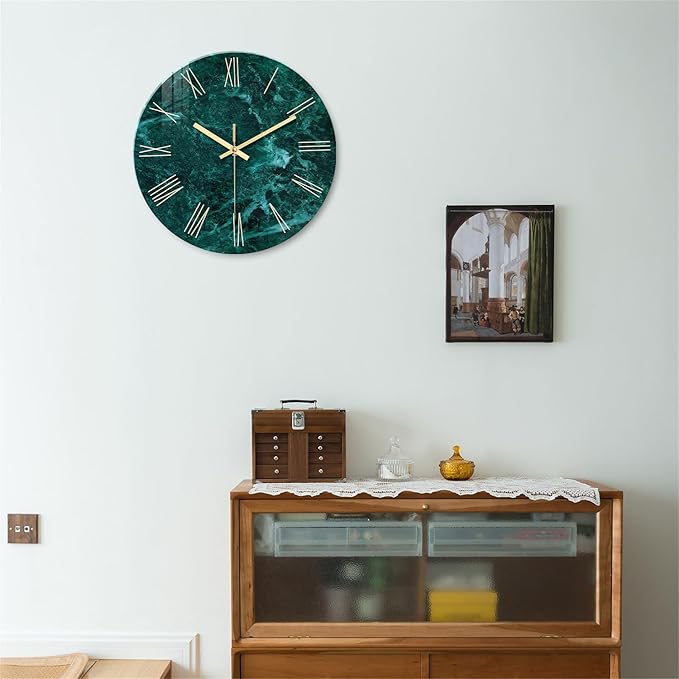 Teal Wall Clock Battery Operated 14 Inch Modern Abstract Clocks for Living Room Decor Marble Pattern Glass Analog Wall Clock Silent-Ruum Studio Home