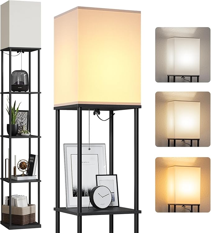 SUNMORY 5 Tier Floor Lamp with Shelves, Modern Square Standing Lamp with 3 Color Temperature Bulb, Corner Display Bookshelf Lamp for Living Room and Bedroom, Tall Shelf Floor Lamp-Ruum Studio Home