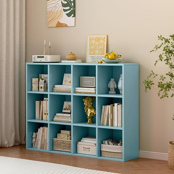 12-Cube Storage Shelf Bookcase - Wooden 3-Tier Floor Standing Open Bookshelf for Home and Office, Display Cabinet, Light Blue-Ruum Studio Home