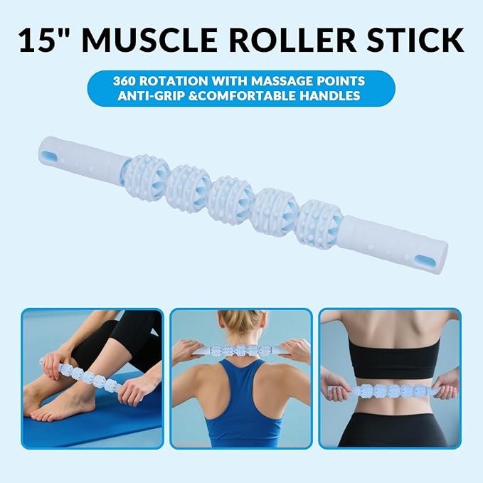 7 in 1 Foam Roller,Products Include Foam shafts,Muscle Roller Bars,Leg Massagers,Fascia Balls,Stretch Bands,8-Shaped Resistance Bands,are Used for Full-Body Relax,Yoga(White Pink Blue) (Blue)-Ruum Studio Home