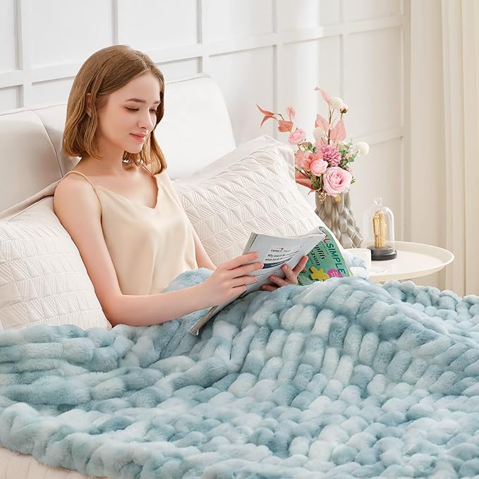 Ultra Soft Luxury Faux Fur Twin Blanket for Counch,Fuzzy Fluffy Plush Warm Cozy Elegant Wrinkled Blanket for Sofa Bedroom Living Room,（60"x80",Tie-dye Freshwater Blue）-Ruum Studio Home