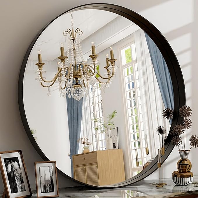 24 Inch Round Bathroom Mirror - Wall Mounted Circle Mirror with Metal Frame, Modern Mirror Suitable for Bathroom, Vanity, Entryway, Living Room, Wall Decor,Black-Ruum Studio Home