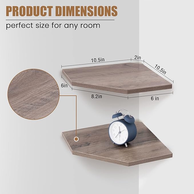 Corner Shelf Wall Mount, Floating Corner Shelves, Set of 2 Corner Wall Shelf Organizer, Rustic Wood Wall Storage Display Shelves for Living Room Bedroom Bathroom Kitchen, Rustic Grey-Ruum Studio Home